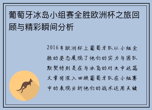 葡萄牙冰岛小组赛全胜欧洲杯之旅回顾与精彩瞬间分析